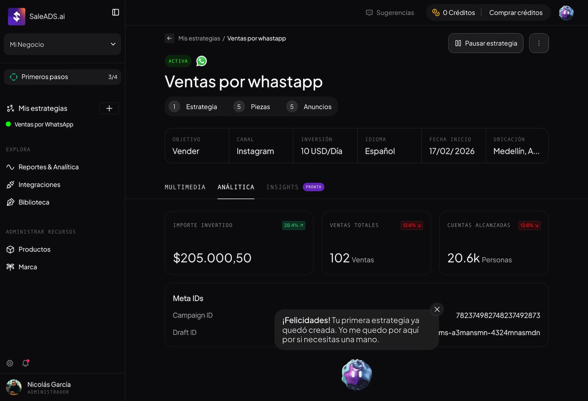 Estrategia activa — métricas en tiempo real